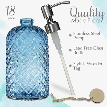 JASAI 18Oz Gem Patterned Glass Soap Dispenser for Kitchen and Bathroom, Refillable with Rust Proof Stainless Steel Pump (Blue) - Image 2
