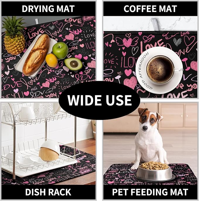 Mother's Day Dish Drying Mat for Kitchen Counter Love Heart Black Drying Mats Absorbent Reversible Microfiber Dish Pad Washable Dish Draining Mat Extra Large 16x18 inch - Image 7