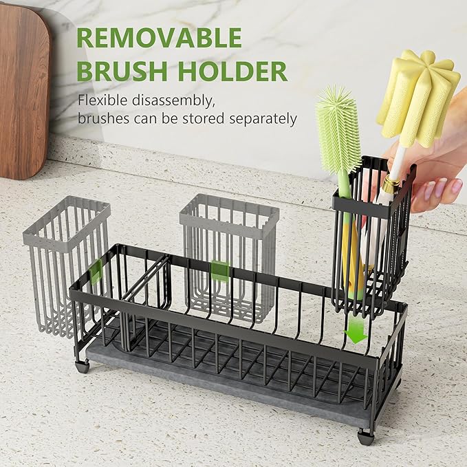 Cisily Extra Large Sink Caddy Organizer with Drying Stone, Black Sponge Holder for Kitchen, Dish Brush Holder for Countertop, Kitchen Decor Storage and Essentials - Image 5