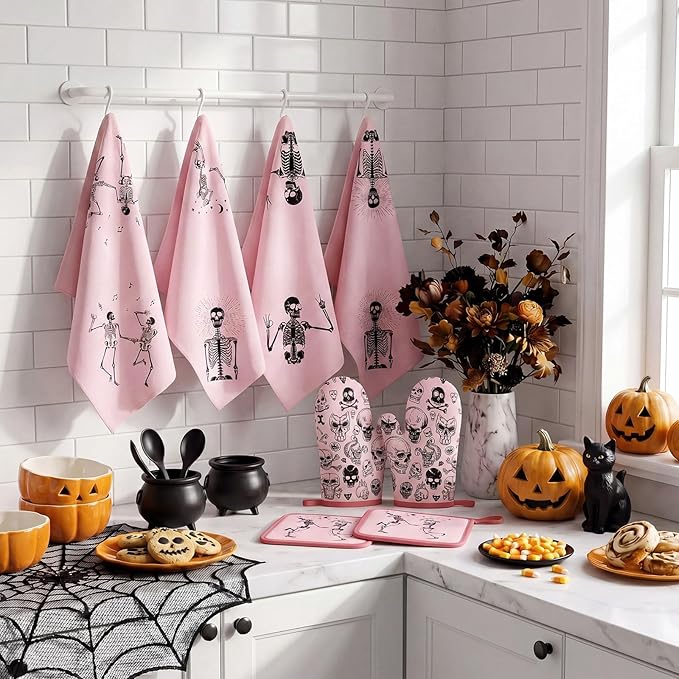 Leinuosen 8 Pcs Skull Kitchen Decor Set Kitchen Towels Gothic Oven Mitts and Pot Holders Skeleton Hand Dish Towels Horror Oven Mitts for Home Decoration Party Gifts (Pink,Dance) - Image 7
