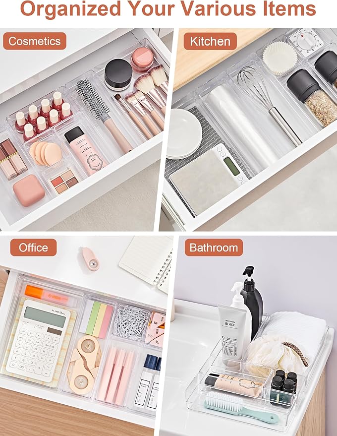 SMARTAKE 37-Piece Drawer Organizer with Non-Slip Silicone Pads, 4-Size Desk Drawer Organizer Trays Storage Tray for Makeup, Jewelries, Utensils in Bedroom Dresser, Office and Kitchen (Clear) - Image 6