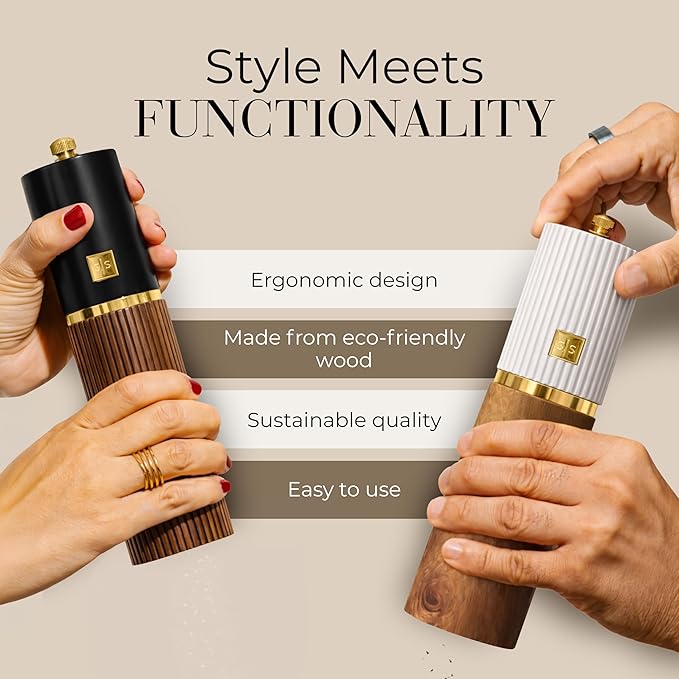 Wooden Salt and Pepper Grinder Set – Refillable Manual Salt and Pepper Mills with Adjustable Ceramic Burrs, Gold Detailing, and Wood Stand – White, Black and Acacia - Image 4