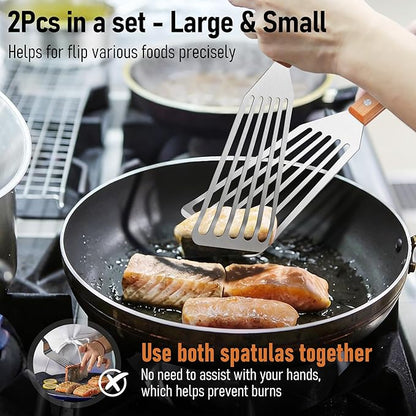 Joyfair Fish Spatula Metal Spatulas (Large & Small), 2 Pcs Stainless Steel Cooking Utensils Barbecue Turner for Flipping Turning, Kitchen Slotted Turners & Outdoor Griddle Accessories (Wooden Handle) - Image 5