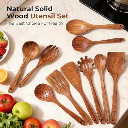 Wooden Spoons for Cooking, 10 PCS Teak Wood Cookware Utensil Set with Hooks - Smooth Finish, Non-Stick, Comfortable Grip, Heat Resistant Kitchen Utensils Gift Box - Image 8
