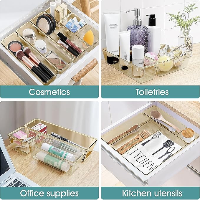 WOWBOX 25 PCS Plastic Drawer Organizer Set, 4 Sizes Desk Drawer Divider Organizers and Storage Bins for Makeup, Jewelry, Gadgets for Kitchen, Bedroom, Bathroom, Office, Clear Champagne - Image 5