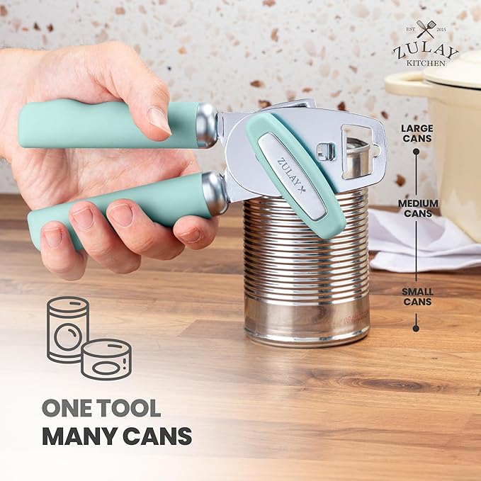 Zulay Kitchen Heavy Duty Stainless Steel Can Opener Manual with Bottle Opener - Rust Proof Manual Can Opener With Turn Knob & Comfy Soft Grip Handles - Mint - Image 8
