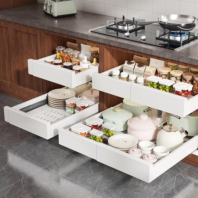 Seinloes 2 Pack Pull Out Cabinet Organizer Expandable Width(13"-21") and Depth(17"-24"), Slide Out Drawers With Raising Pad for Framed Cabinets, No Drill Roll Out Shelves for kitchen, Bathroom, White - Image 7