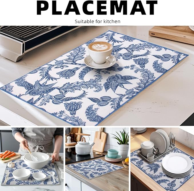 Dish Drying Mat Floral Print Microfiber kitchen drying mat, 20x15 inches, Dish Drying Mats for Kitchen Counter, Super Absorbent, Anti-Slip, Fast Drying, Kitchen Must-Have - Image 6