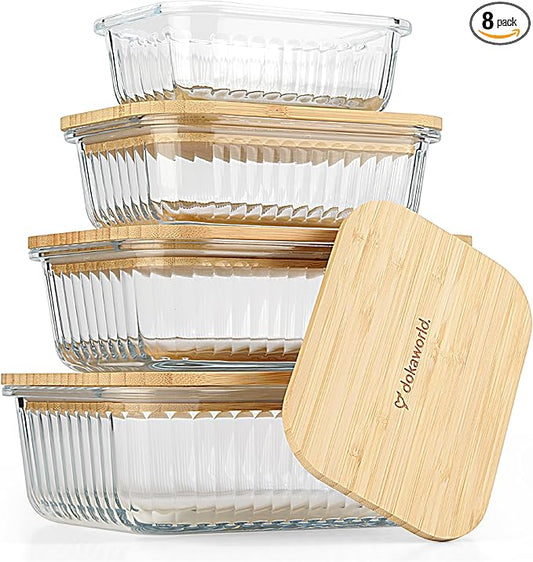Ribbed Glass Tupperware Set with Bamboo Lids - 4 Stackable Meal Prep Containers. Durable heat resistant Inert Borosilicate Glass by Dokaworld