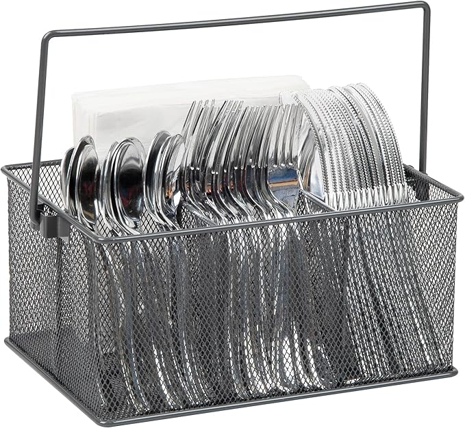 Mind Reader Multi-purpose Storage Caddy with Handle, Desktop Organizer, Cutlery Holder, 4 Compartments, Metal Mesh, Gray by MindReader
