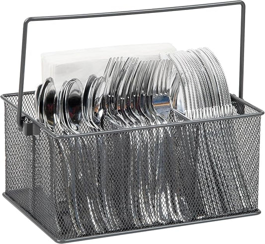 Mind Reader Multi-purpose Storage Caddy with Handle, Desktop Organizer, Cutlery Holder, 4 Compartments, Metal Mesh, Gray by MindReader