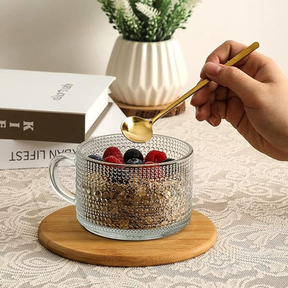 Vintage Coffee Mugs, Overnight Oats Containers with Bamboo Lids and Spoons - 14oz Clear Embossed Glass Cups, Cute Coffee Bar Accessories, Iced Coffee Glasses, Ideal for Cappuccino, Latte, 2 Pack - Image 4