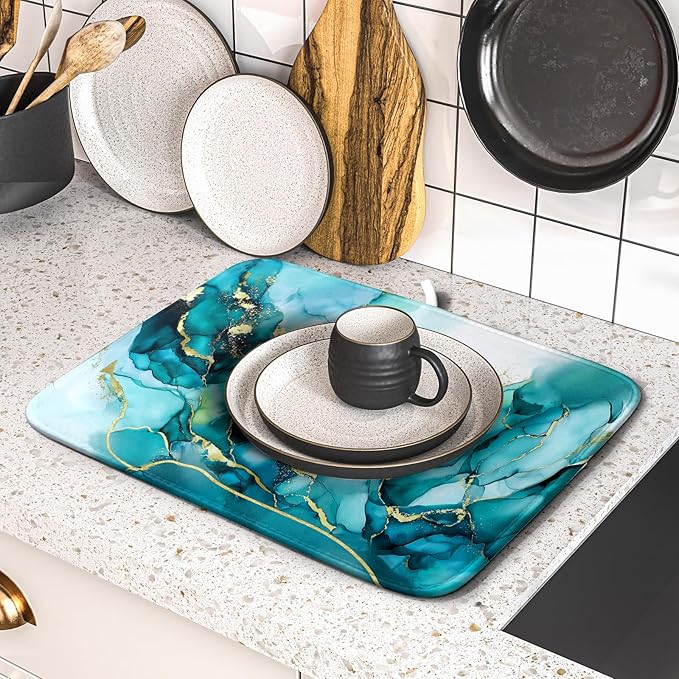 Giwawa Teal Marble Dish Drying Mat Turquoise Blue Marbling Print Dish Drainer Mats 16"x18" Modern Granite Microfiber Reversible Dish Drying Rack Pad Protector for Kitchen Countertop Decor