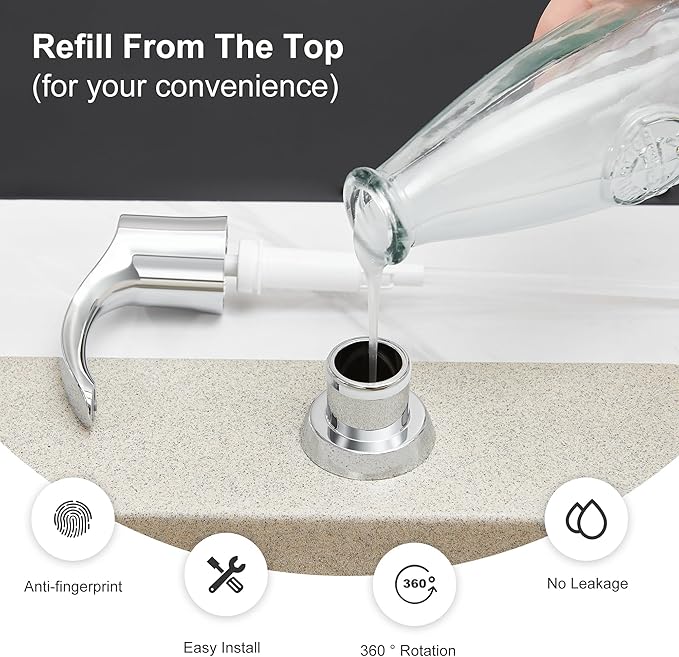 GAGALIFE Kitchen Sink Soap Dispenser with 17 Ounce Large Bottle, Built in Sink Soap Dispenser (Chrome) Soap Dispenser for Kitchen Sink Refill from Top, G080C