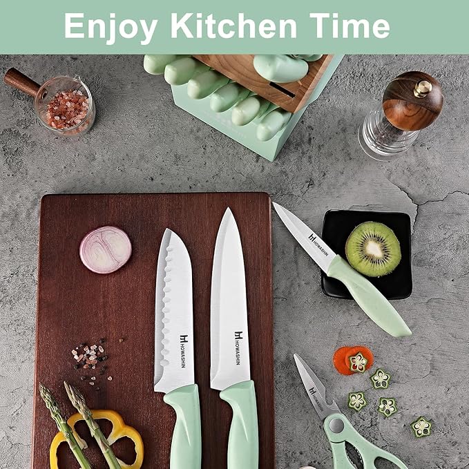 Green Knife Set, 15 Pcs Kitchen Knife Set with Block,High Carbon German Stainless Steel Knife Block Set, Hand wash Safe Knives Set