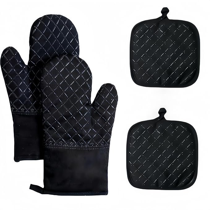 Oven Mitts and Pan Racks 4-Piece Set, Extended Kitchen Oven Mitts and Pan Racks, Heat Resistant 500 °F, Silicone Non-Slip Surface for Baking and Cooking (Black) by Unknown