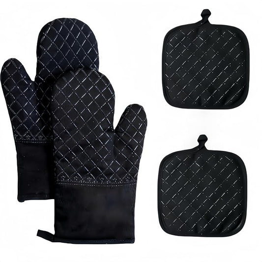 Oven Mitts and Pan Racks 4-Piece Set, Extended Kitchen Oven Mitts and Pan Racks, Heat Resistant 500 °F, Silicone Non-Slip Surface for Baking and Cooking (Black) by Unknown