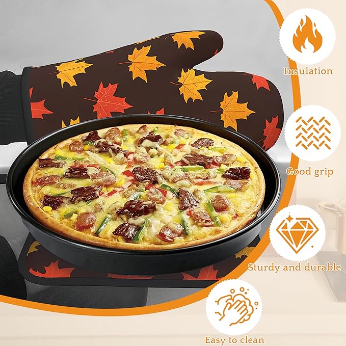 Maple Leaf Oven Mitts and Pot Holders Set,Autumn Kitchen Decor Heat Resistant Non Slip Hot Pads and Oven Mitt for Chef Cooking Baking BBQ Mom Girl Gifts(4 Piece Set)