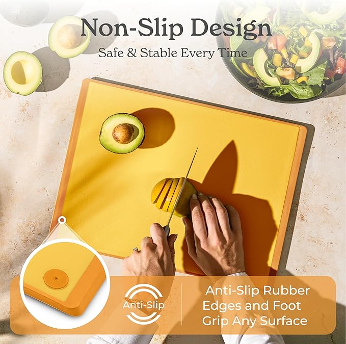 SMIRLY Plastic Cutting Board Set with Holder 3 Pieces, Non-Slip Dishwasher Safe Chopping Boards for Kitchen, Yellow - Image 4