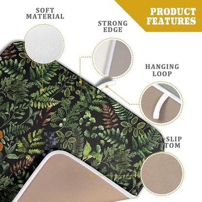 Black Sage Green Plant Dish Drying Mat for Kitchen Counter,Vintage Botanic Fern Leaves Floral Drying Mat 16 x 18 Inch with Absorbent Reversible Microfiber Drying Pad for Coffee Bar - Image 4