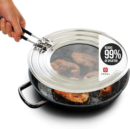 Dishwasher-Safe Splatter Screen Guard for Frying Pan Grease - Shields 99% of Stove Top from Bacon, Fry Oil, or Deep Fryer Splash - Easy Kitchen Storage Foldable Heat-Resistant Silicone Handle by FOXEL