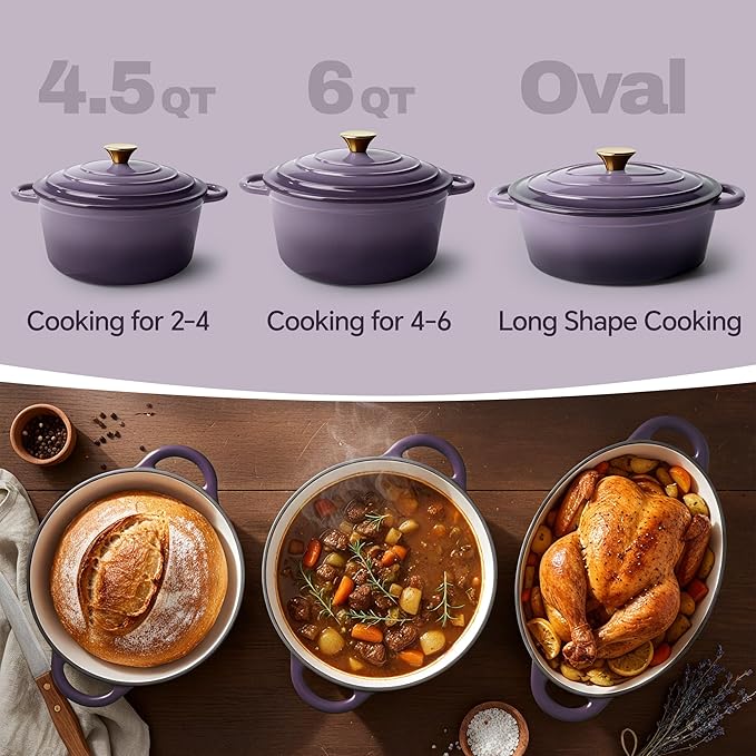 Vintage Style 4.5 Quart Dutch Oven Pot with Lid, Non Stick Enameled Cast Iron Dutch Oven for Bread Baking, Heavy-Duty, Oven Safe Ceramic Cookware Up to 500°F for Baking, Braising, Stews, Roasting, Purple - Image 3