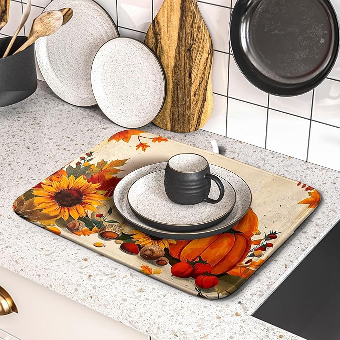 Happy Thanksgiving Day Harvest Dish Drying Mat for Kitchen Counter,Sunflower Maple Leaves Pumpkin Drying Mat 16 x 18 Inch with Absorbent Reversible Microfiber Dish Drying Pad for Coffee Bar - Image 5