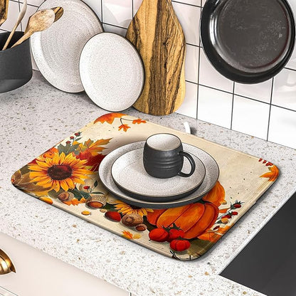 Happy Thanksgiving Day Harvest Dish Drying Mat for Kitchen Counter,Sunflower Maple Leaves Pumpkin Drying Mat 16 x 18 Inch with Absorbent Reversible Microfiber Dish Drying Pad for Coffee Bar - Image 5