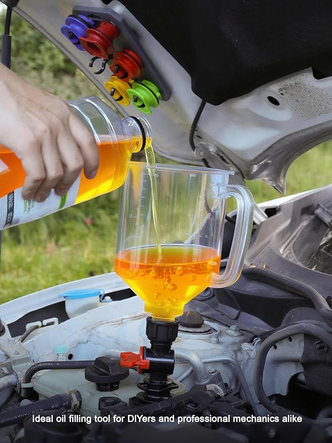 SMART JERRY - Spill-Proof Engine Oil Funnel Kit｜Oil Change Funnel w/ 12 Adapters & 2 Magnetic Adapter Organizer Boards｜Transparent Body w/Scale & Shut-Off Valve｜Universal Fit - Image 8