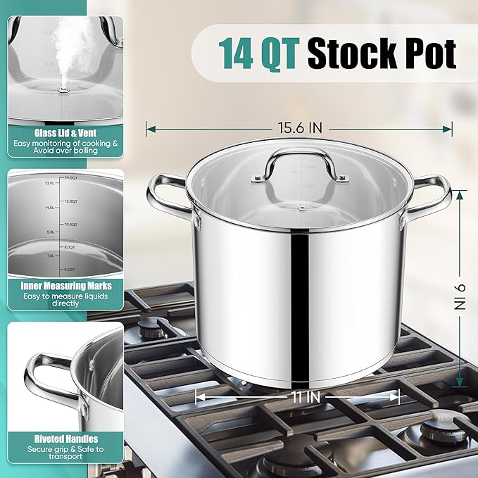 E-far 14 Quart Stainless Steel Stock Pot, Heavy Duty Induction Stockpot with Glass Lid for Cooking Soup Canning, Thick Tri-Ply Bottom & Riveted Handles, Compatible with All Stoves, Dishwasher Safe - Image 2