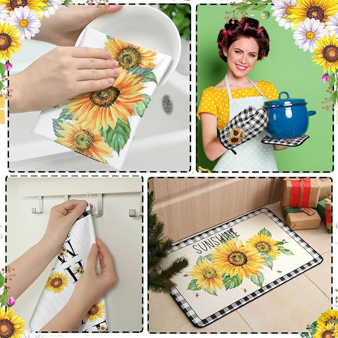 Fourluoo 10 Pcs Sunflower Kitchen Decor 4 Black and White Buffalo Plaid Dish Towels 2 Buffalo Check Pot Holders 2 Rustic Sunflower Oven Mitts 2 Yellow Rugs for Cooking Baking Mom Housewarming Gift - Image 4