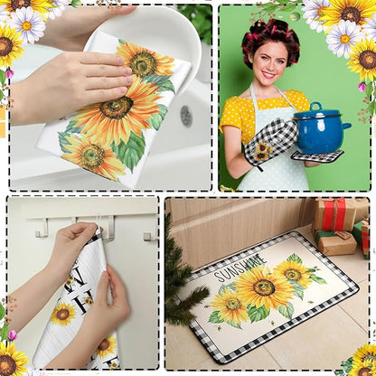 Fourluoo 10 Pcs Sunflower Kitchen Decor 4 Black and White Buffalo Plaid Dish Towels 2 Buffalo Check Pot Holders 2 Rustic Sunflower Oven Mitts 2 Yellow Rugs for Cooking Baking Mom Housewarming Gift - Image 4