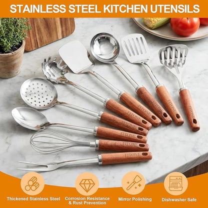9PCS 18/8 Stainless Steel Kitchen Utensils Set, Heavy Duty Wooden Handle Cooking Utensils, Metal Cookware Utensils with Spatula, Ladle, Skimmer, Spaghetti Spoon and Potato Masher, Easy to Clean