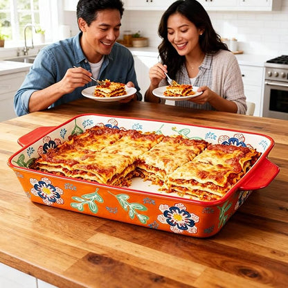 Ceramic Baking Dish Set of 2, 3QT & 1.2QT Stoneware Casserole Dishes for Oven, Rectangular Bakeware with Handles, Oven Safe 480°F, Microwave Dishwasher Safe, Lasagna & Brownie Pan – Warm Orange