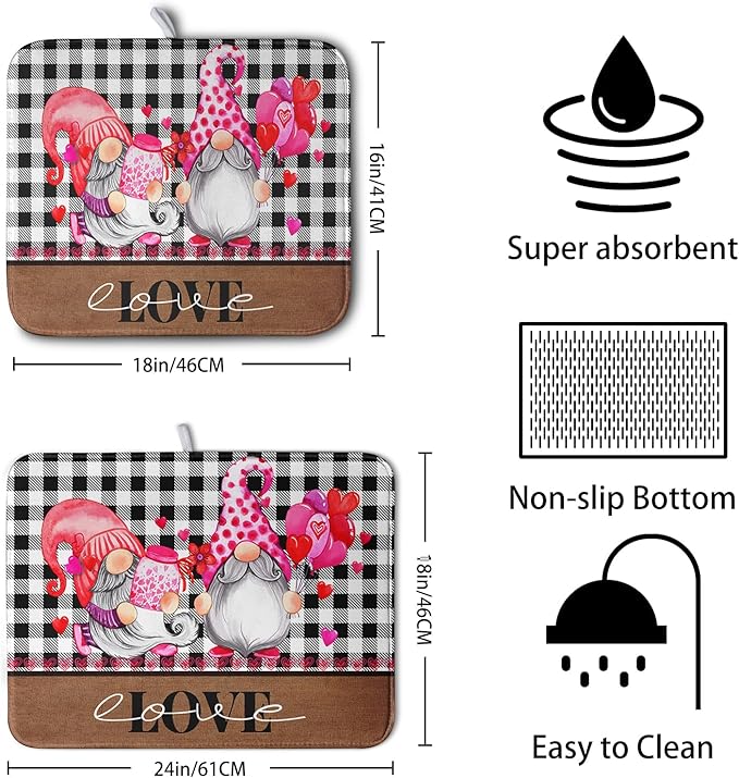 Valentine's Day Dish Drying Mats for Kitchen Counter, Gnome Love Kitchen Drying Mat, Buffalo Plaid Dish Drainer Mat Absorbent Quick Dry Dishes Pad 18 x 24 In - Farmhouse Decor Valentines Gift - Image 2