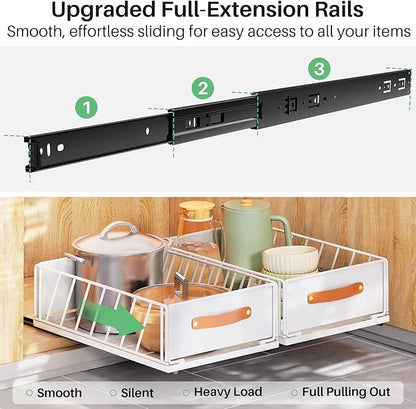Pull out Cabinet Organizer,Heavy Duty Slide out Pantry Shelves Drawer Storage with Adhesive Nano Film,Sliding Mesh Cabinet Basket with Handle for Kitchen, Bathroom, Home, 15.8"W X 21"D X 6.2"H,White