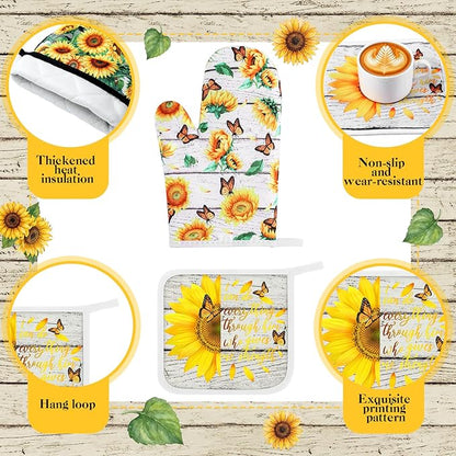 Fourluoo 10 Pcs Sunflower Kitchen Decor Set Butterfly Towels and Rugs Oven Mitts and Pot Holders Farmhouse Sunflower Kitchen Decor Set for Women Mom Gift Cooking Baking Grilling