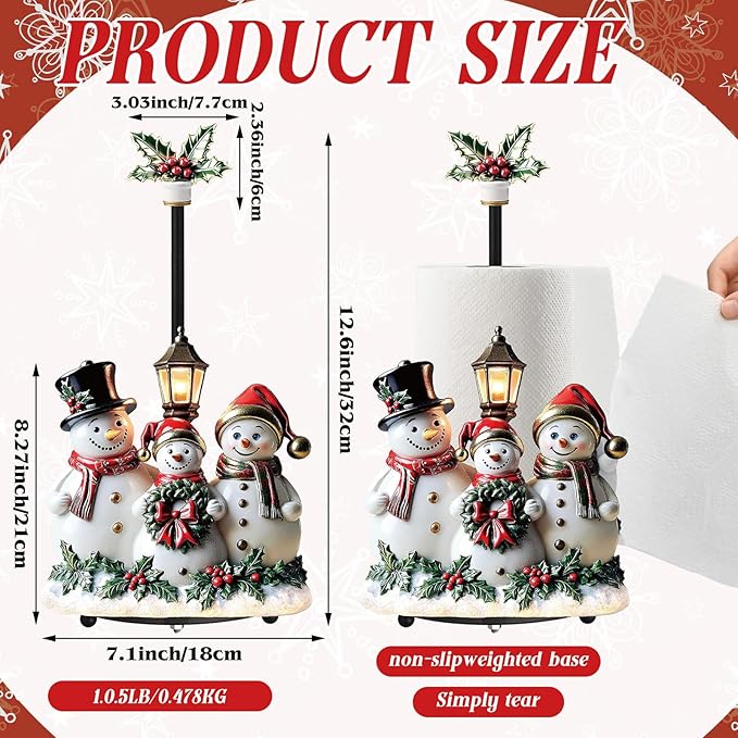 Thyle Winter Snowman Paper Towel Holder with Round Base Winter Bathroom Decor Rustic Snowman Family Dispenser Kitchen Paper Holder Stand for Christmas Xmas Countertop Toilet Home Accessories