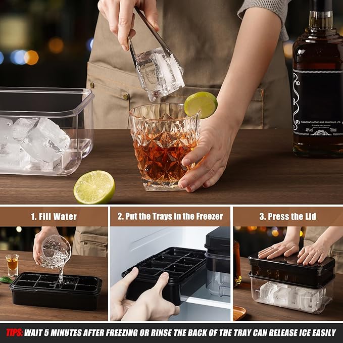 PHINOX Large Ice Cube Tray with Lid and Bin, Ice Trays for Freezer, 2 INCH Whiskey Ice Cubes Mold, 2*8 pcs Square Ice Cube Mold with Tong, Easy to Release, Large Ice Tray for Whiskey Cocktail Bourbon - Image 5