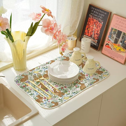 Spring Easter Dish Drying Mat 18 x 24 inch Vintage Rabbit Bunny Decorative Drying Mats Microfiber Absorbent Floral Dish Washable Draining Mat for Kitchen Counter Decor