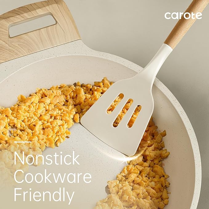 CAROTE Silicone Cooking Utensils Set, Kitchen Utensils Set 10 Pcs for cooking, BPA Free Spatula Set with Heat Resistant Wood Handles for Nonstick Cookware (Cream White) - Image 4