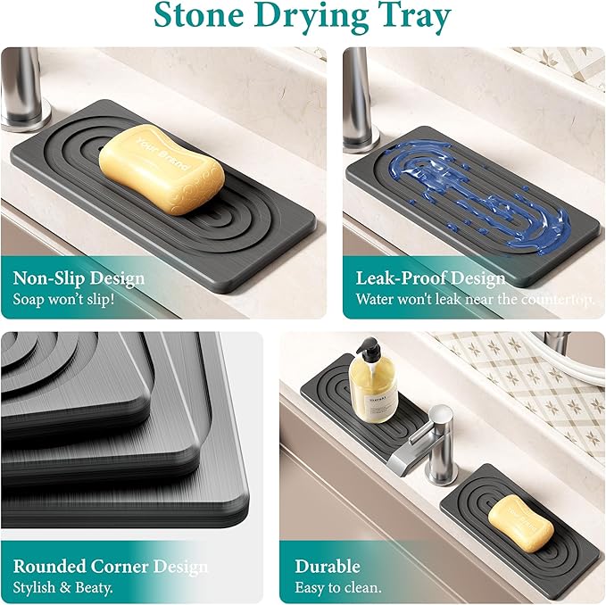 Water Absorbing Stone Tray, Quick Drying Diatomite Bathroom Tray Countertop, Stone Drying Mat for Kitchen Counter, Soap Dish Dispenser Vanity Organizer, Dark Grey-A-8.3" x 4" - Image 4