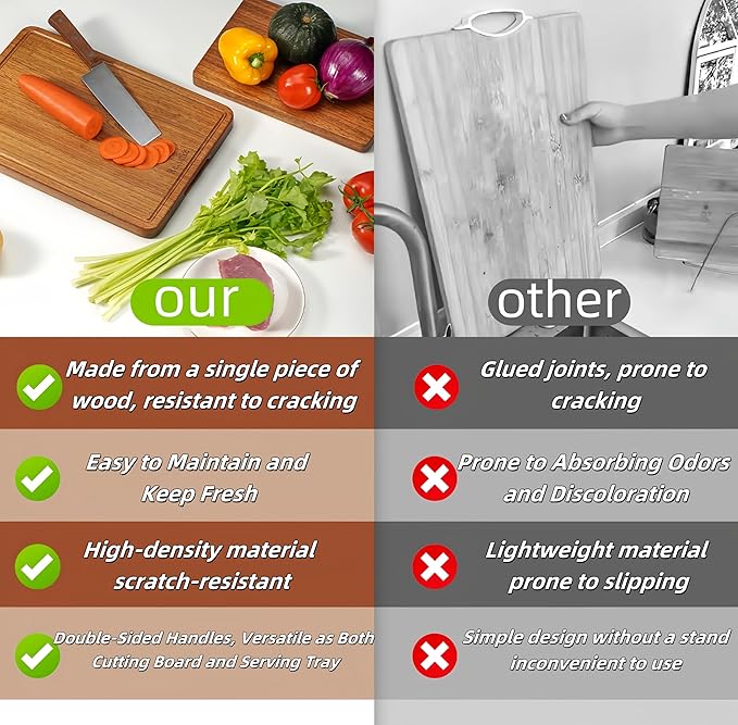 Solid Teak Wood Cutting Board Set One Piece Non Glued Large Thick Crack Resistant Wooden Chopping Board with DeepJuice Grooves Built in Handles for Kitchen Meat Vegetable 15.8x11 IN &12X8 IN