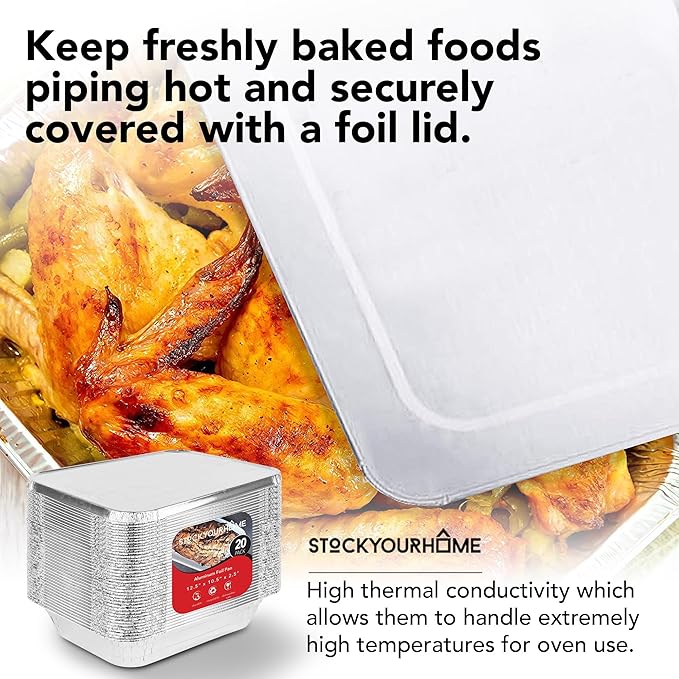 Stock Your Home Foil Pans with Lids - 9x13 Aluminum Pans with Covers - 20 Foil Pans and 20 Foil Lids - Disposable Food Containers Great for Baking, Cooking, Heating, Storing, Prepping Food Silver - Image 7