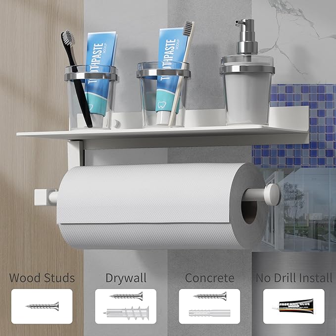 Danpoo White Paper Towel Holder with Shelf Wall Mount, Adhesive Hand Towel Holder for Bathroom, Kitchen Towel Holder - Image 7
