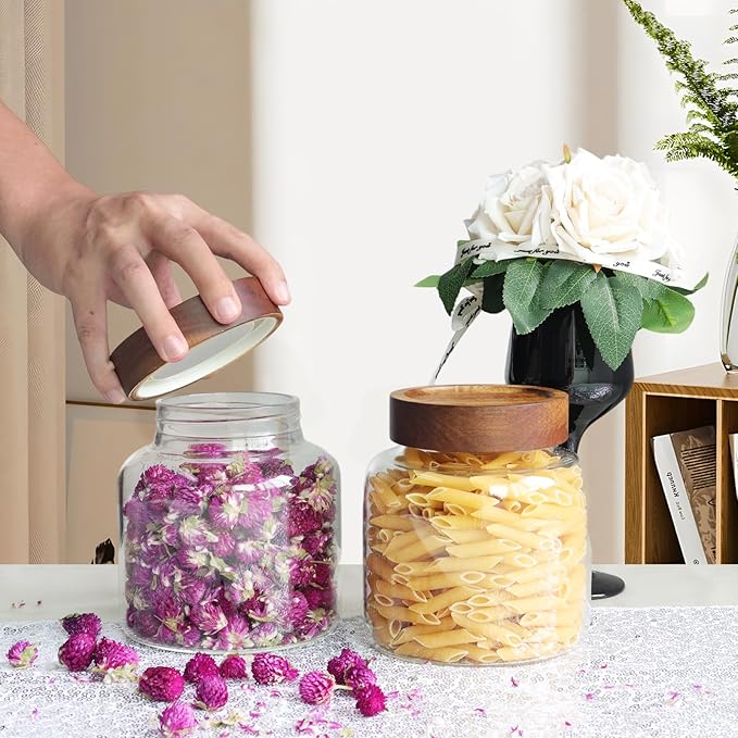 40 oz Glass Jars with Wooden Airtight Lid Herb Spice Canister Round Clear Glass Food Storage Container for Pantry Sugar Tea Coffee Bean Spice Cookies Bath Salts (1200ml/40oz-1 Pack) - Image 4