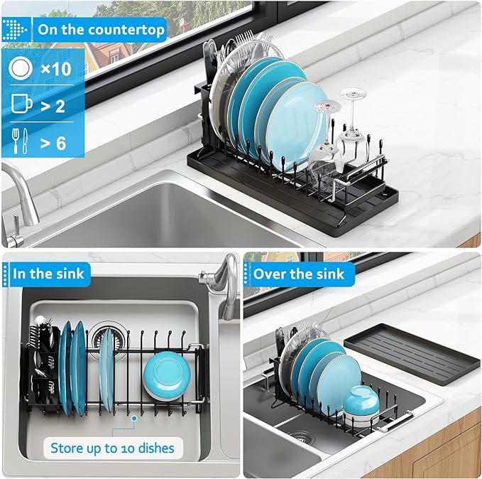 ANTOPY Sink Dish Drying Rack - Expandable Small Dish Rack Over Sinks with Silicone Drying Tray, Dish Drainer for Kitchen Counter with Cutlery Holder, Drying Rack Fit for 14’’-19’’ Kitchen Sink - Image 2
