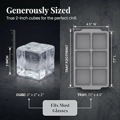KitchFort Large Silicone Ice Cube Tray (2-Pack), Easy Release 2" Big Ice Cubes - Cocktail, Whiskey Ice Cubes Mold - Ice Trays for Freezer with Lid - Stackable Silicone Ice Tray - Gray