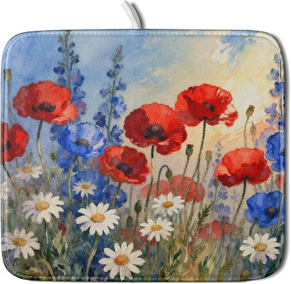 4th of July Dish Drying Mat for Kitchen Counter 16x18 Patriotic Floral Independence Day Memorial Holiday Absorbent Reversible Microfiber Drying Mats Kitchen Countertop Protector Dishes Drainer Pad - Image 4