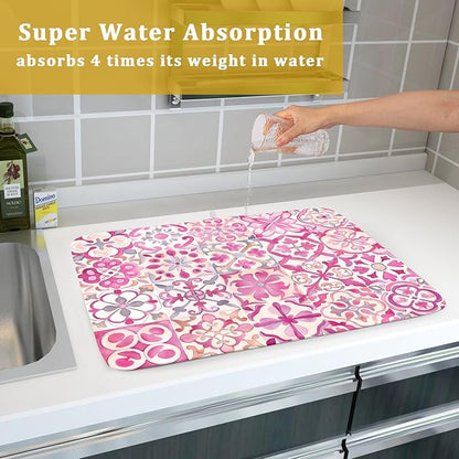 Pink Mexican Tiles Dish Drying Mat Absorbent Microfiber Dish Drying Pad for Kitchen Multi-use Large - Image 7